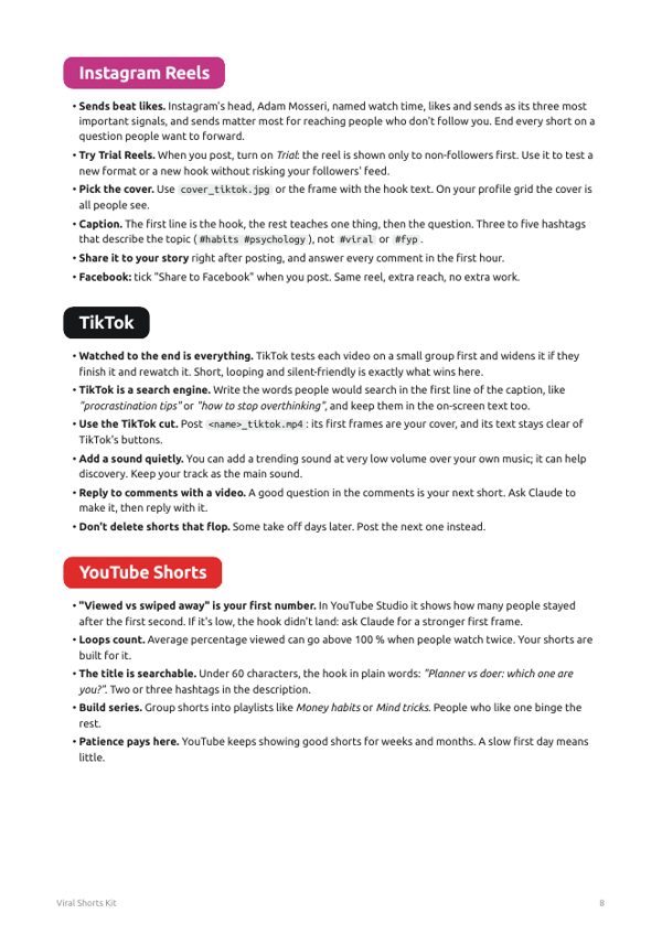 Page of the PDF guide: Instagram, TikTok, Shorts